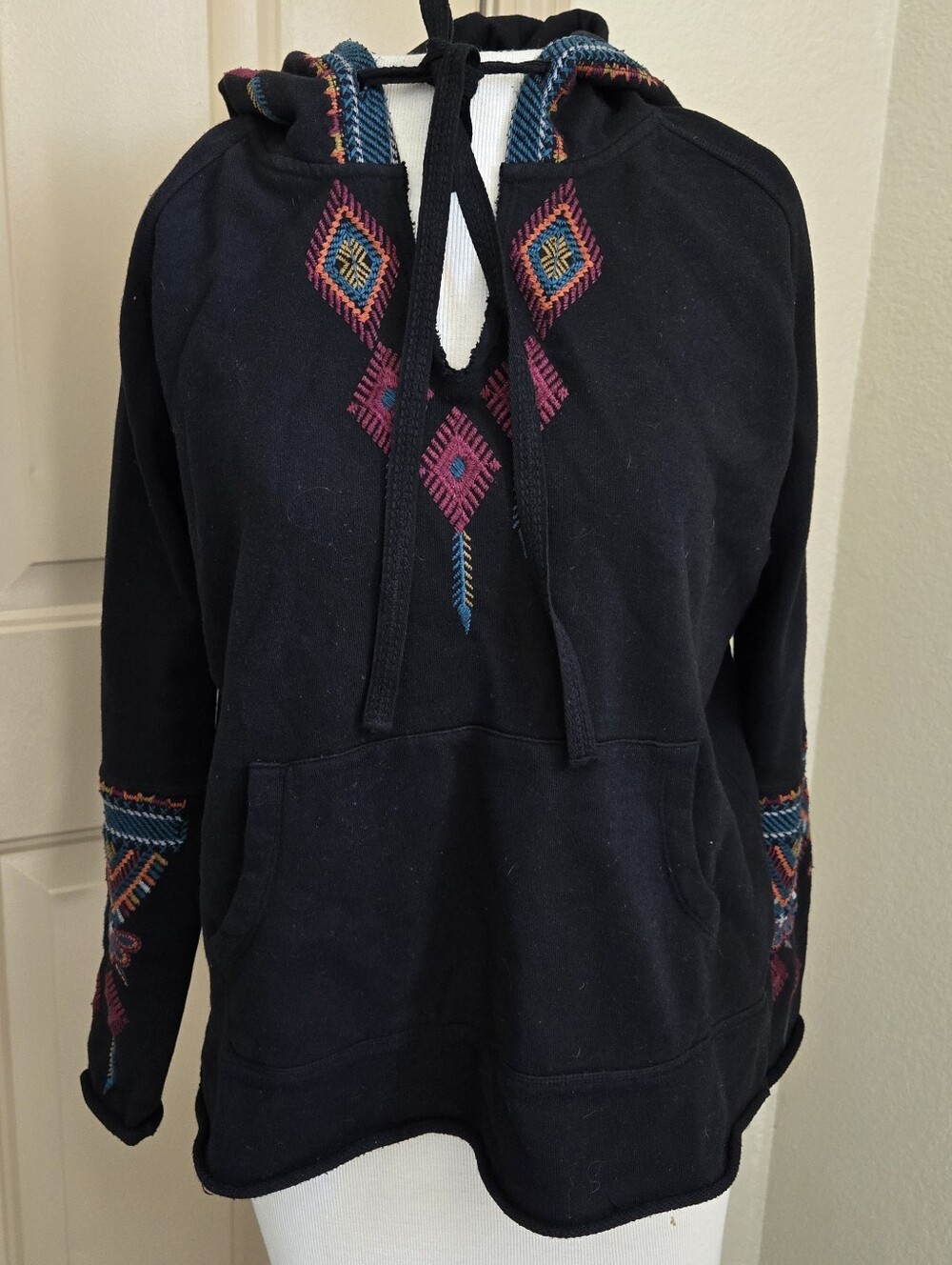 Johnny Was Embroidered Black Terry Hoodie XS